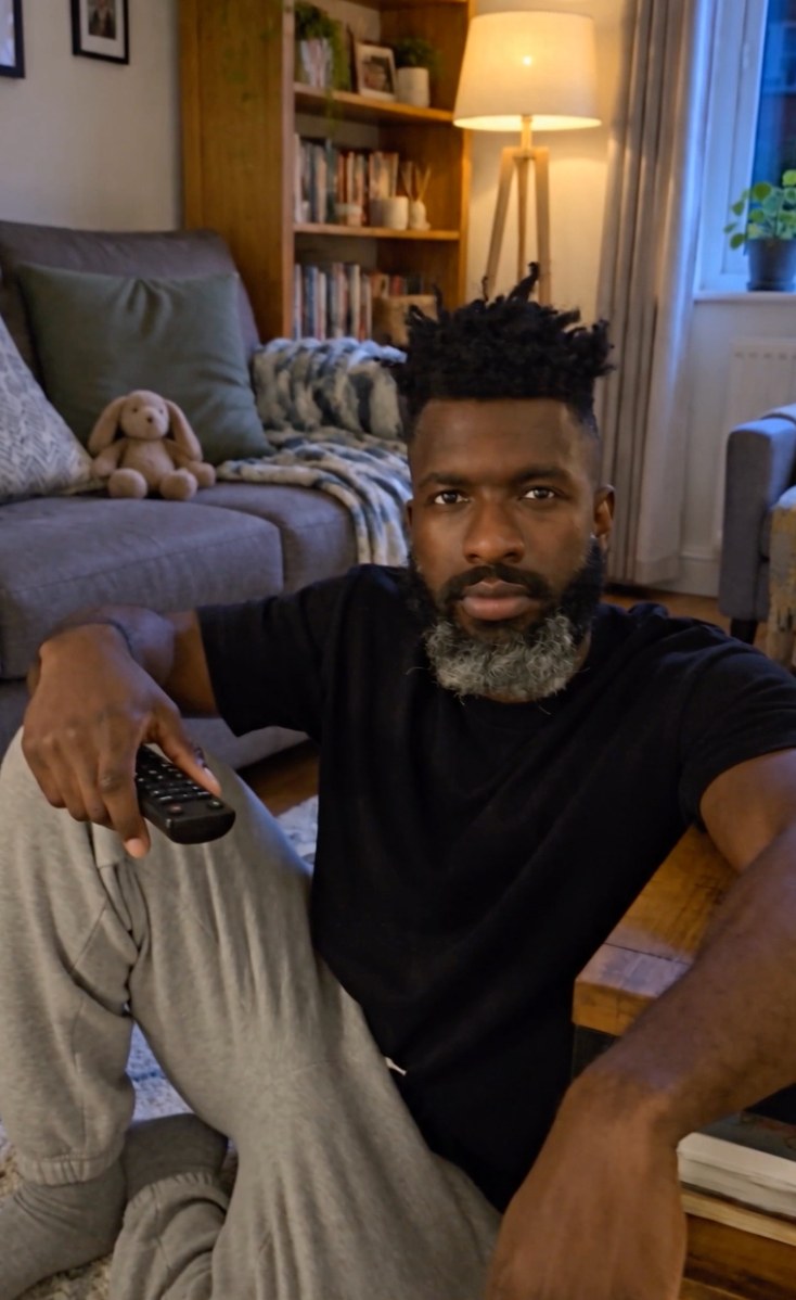 Marcus Reid laughing on the sofa at home